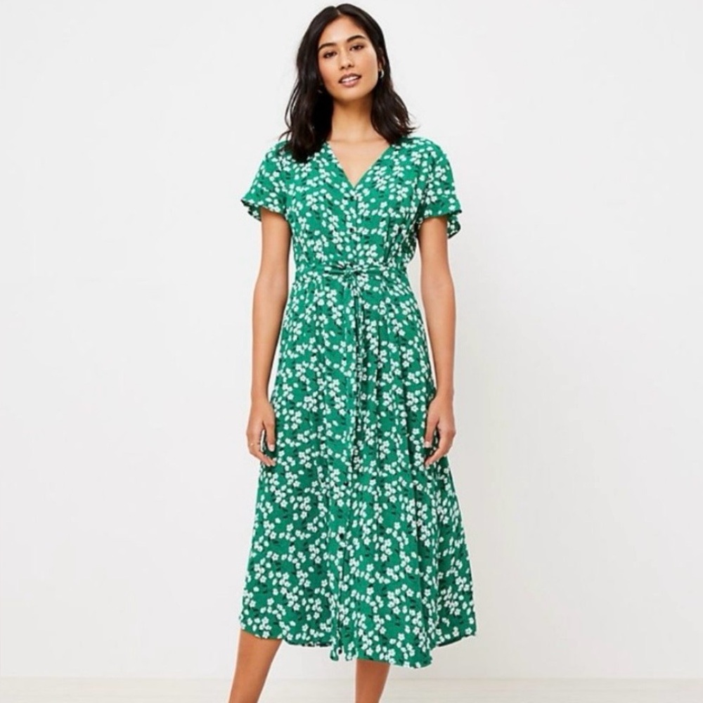 LOFT Green Floral Midi Dress Size 4 Tie Waist Short Sleeve Spring